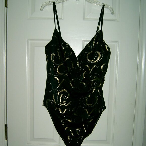 Shape FX Swim 1-Piece Black & Gold Swimsuit, Size 12 - Picture 1 of 5
